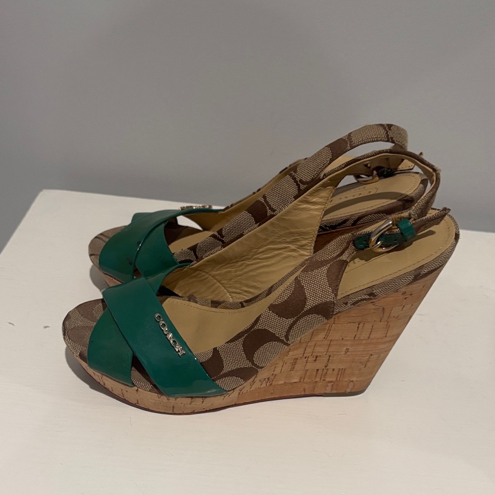 Coach Green and Brown Wedge Sandals - Picture 3 of 4
